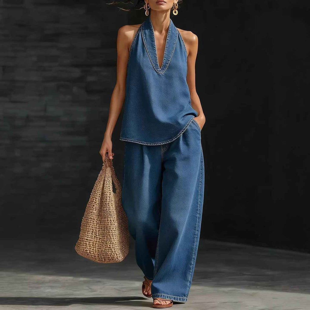V-neck sleeveless top straight leg pants set - MODALIFE