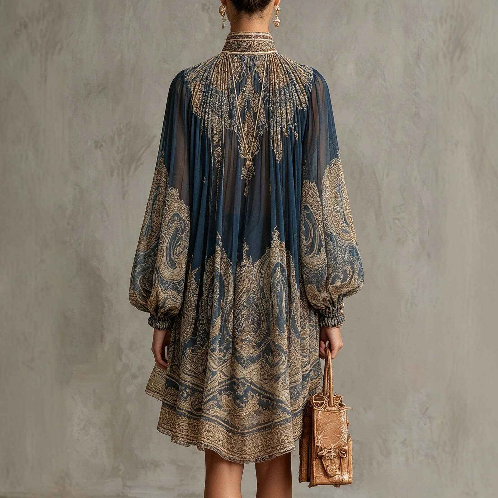 Printed Long Sleeve High Neck Loose Dress - MODALIFE