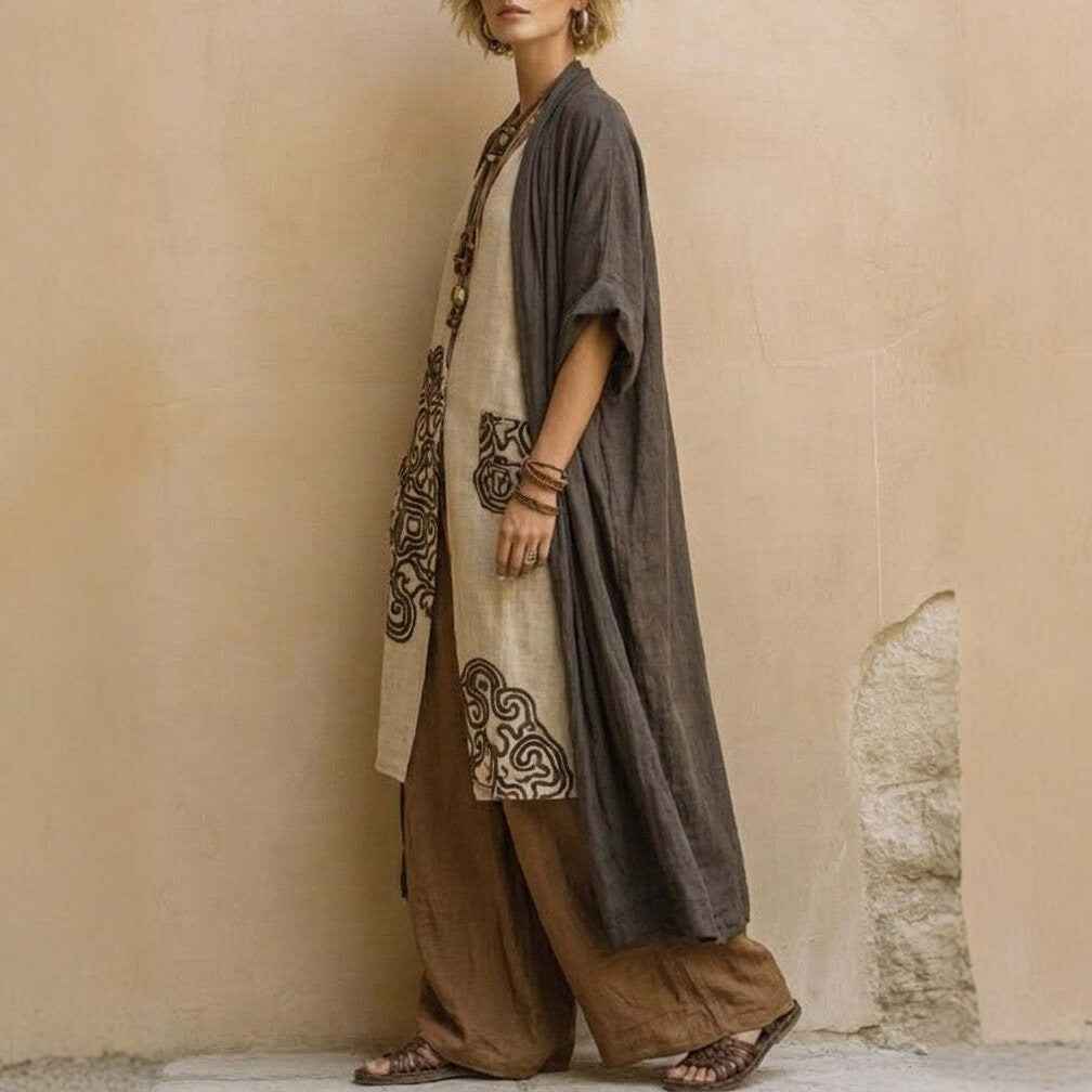 Loose Embroidered Long Robe Two-Piece Set for Women, Casual Wide-Leg Pants Outfit, Fashionable and Trendy