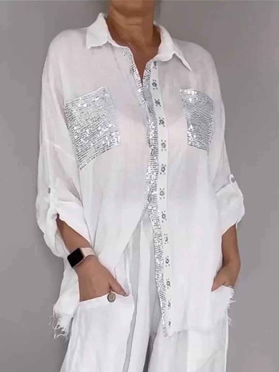 New Fashion Casual Women's Set with Pocket Placket and Gold Embellished Round Neck Design