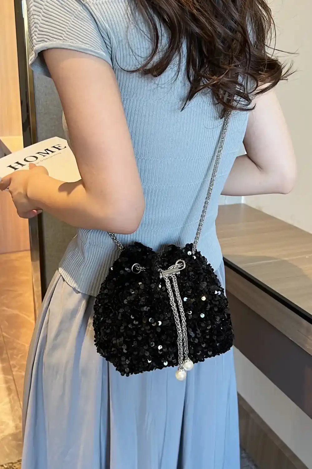 Sequin Chain Drawstring Bucket Bag - MODALIFE