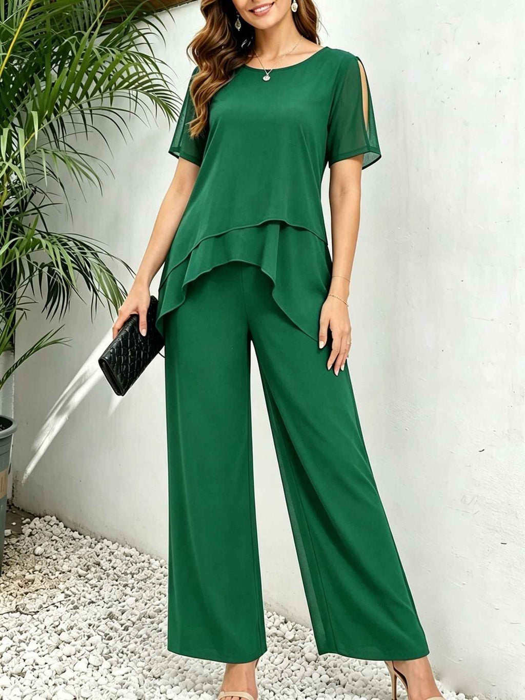 Irregular top wide leg long pants two-piece set
