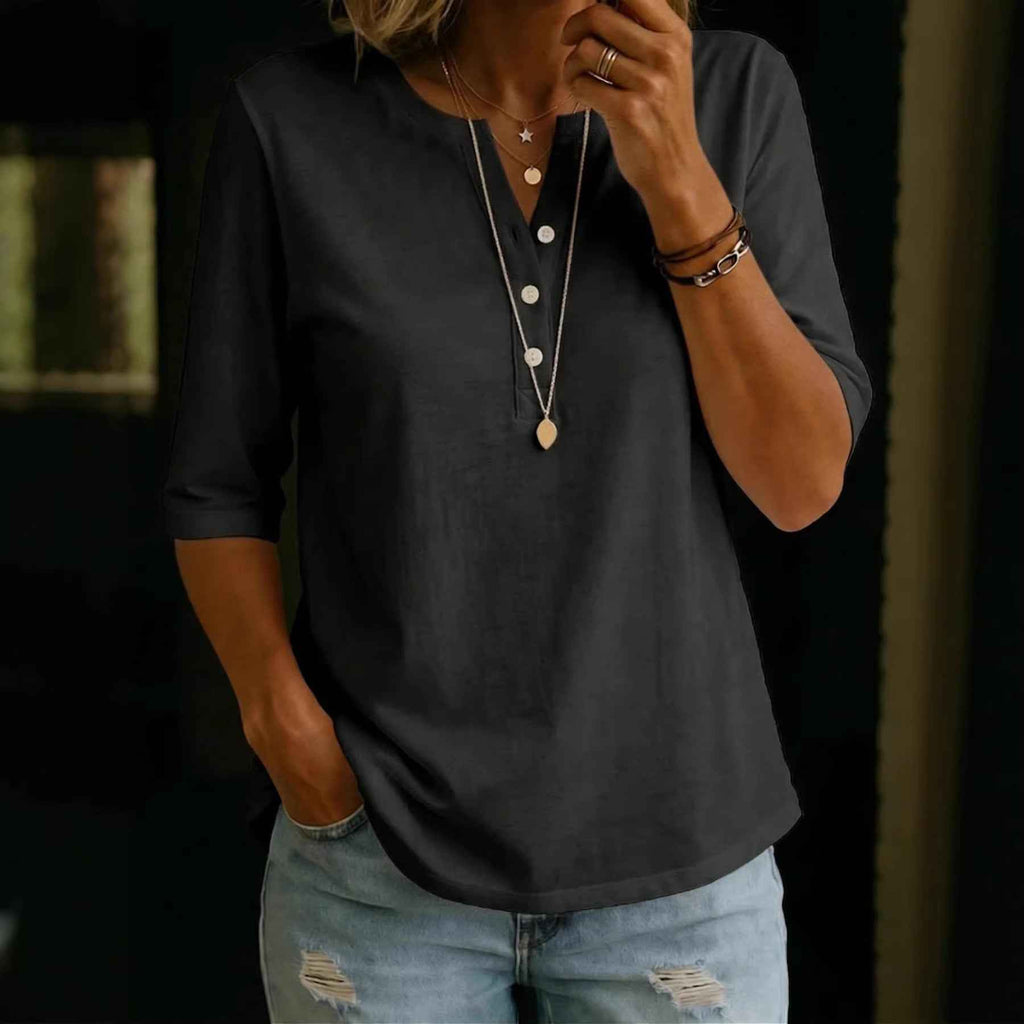 Classic Henley Neck Style Spring Summer New Women's Solid Color Button-Up Top - MODALIFE