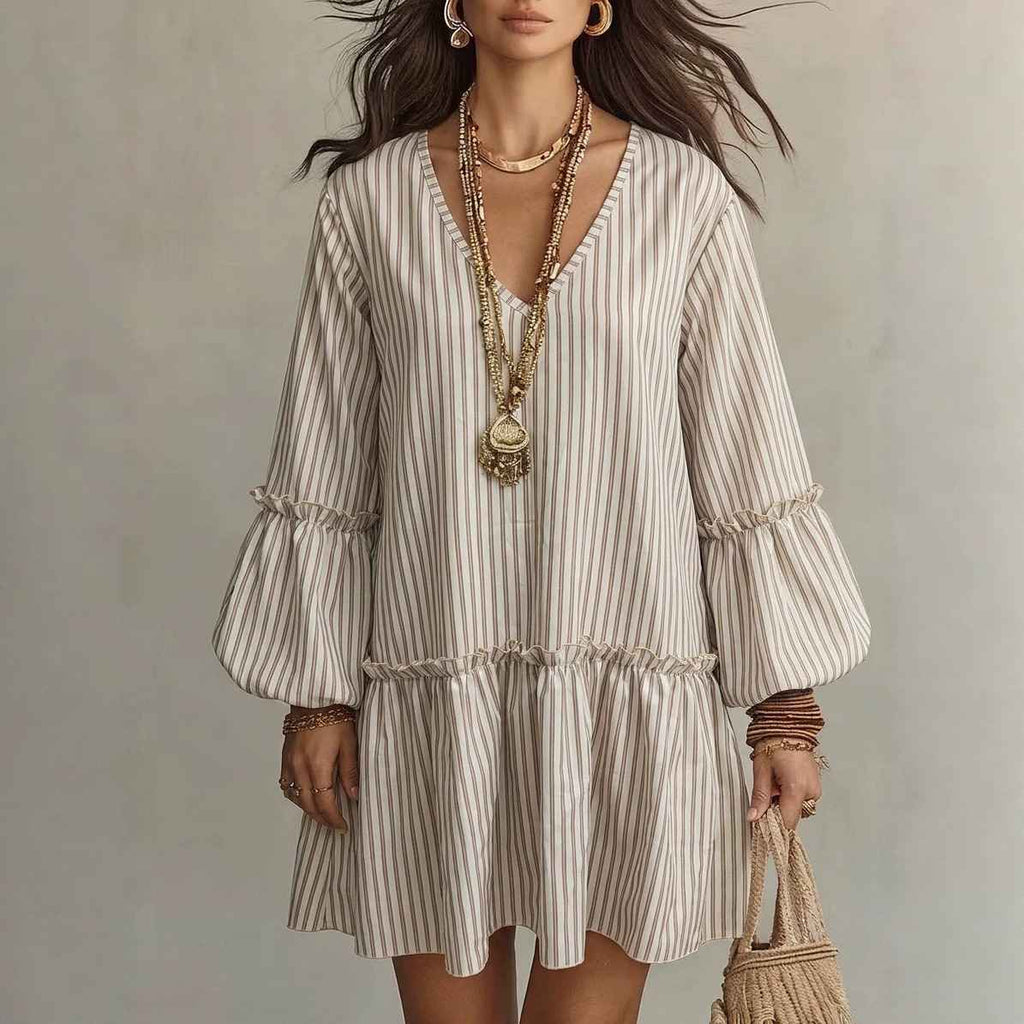 Style Autumn New Women's Long Sleeve Dress Stripe Print V-Neck Lantern Sleeve Loose Mini Dress - MODALIFE