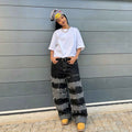Street Deconstructed Black and Gray Patchwork Raw Hem Denim Pants - MODALIFE