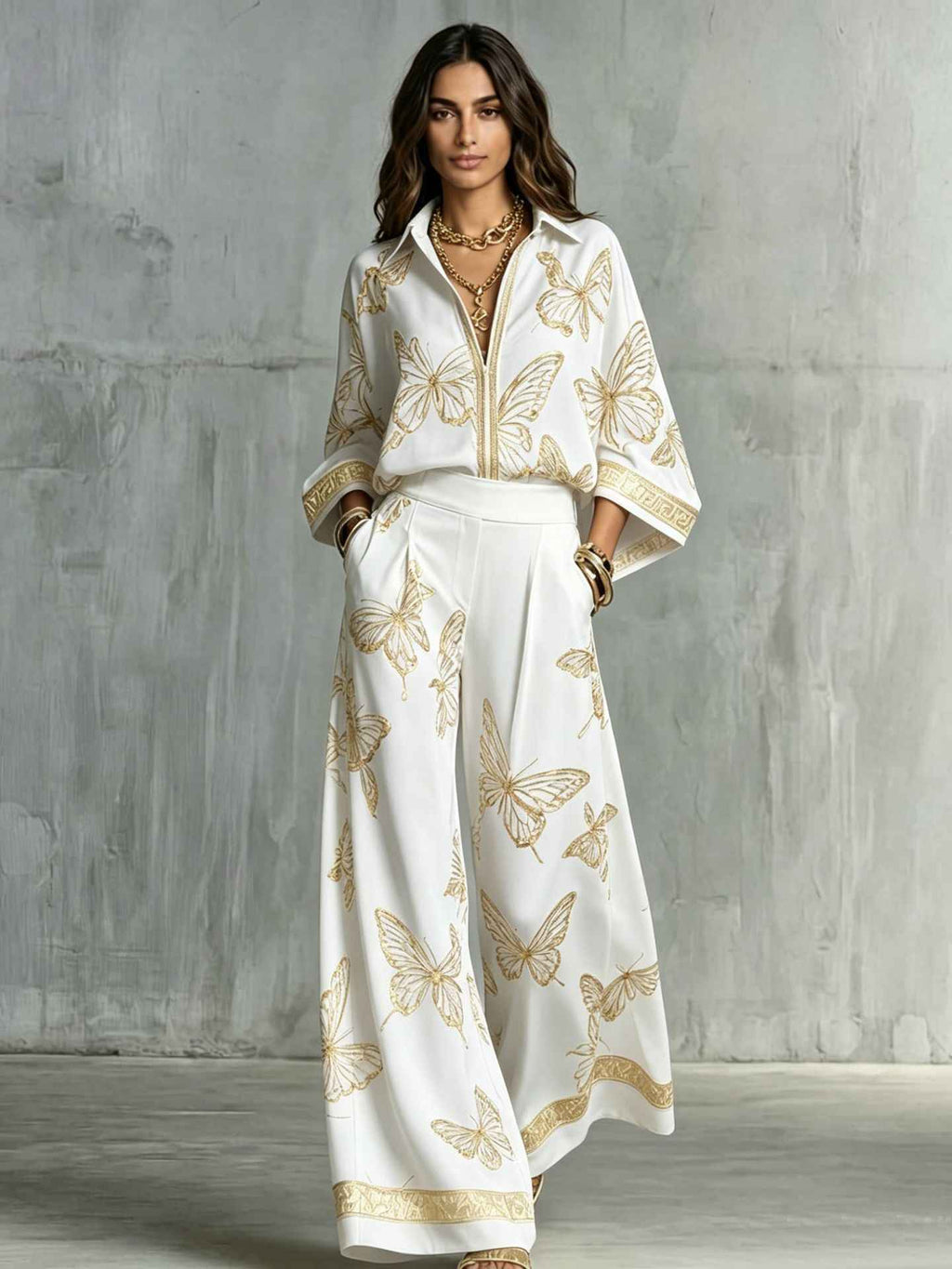 Style Women's Retro Printed Sexy Deep V Neck Loose Zipper Top with Wide Leg Pants Two-Piece Set - MODALIFE