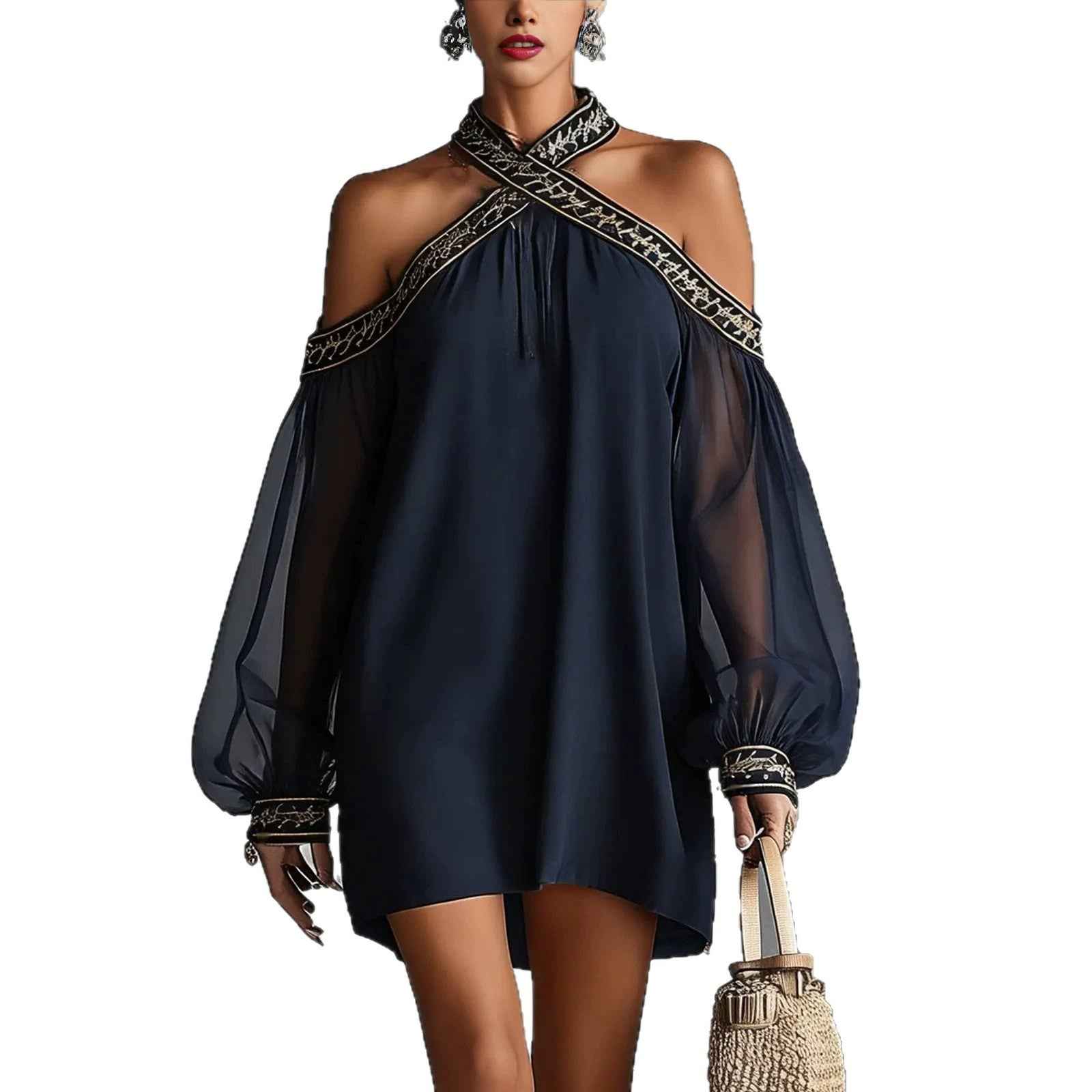 Fashion Design Embroidered Strapless Dress with Off-Shoulder Sheer Lantern Sleeve Loose Slimming Resort Style - MODALIFE