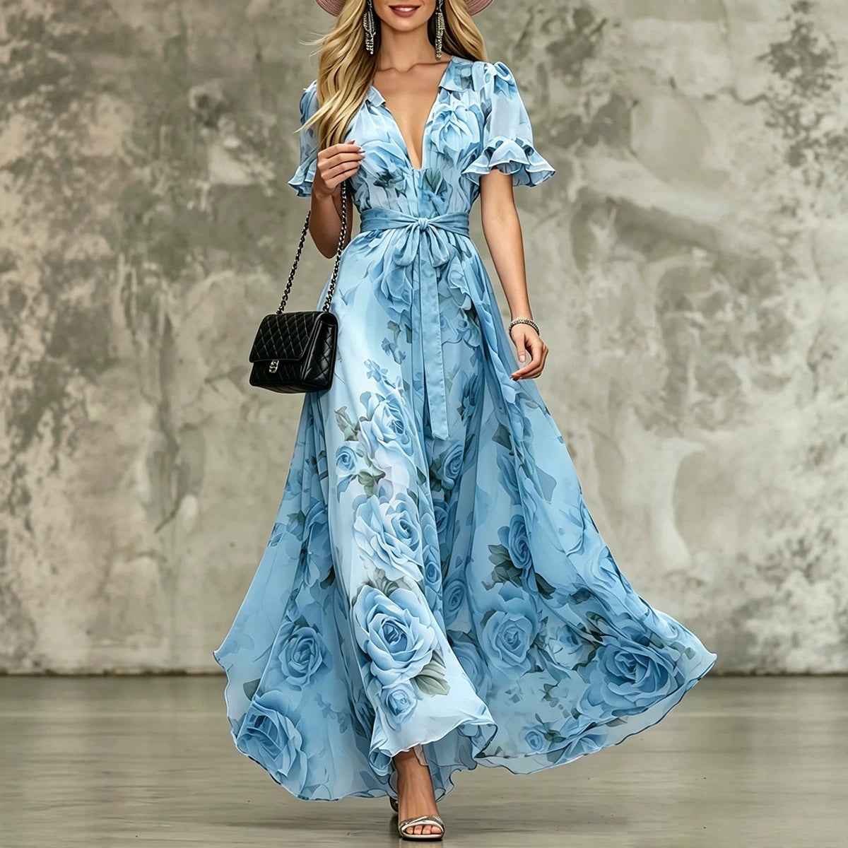 Deep V-neck ruffle sleeve printed dress - MODALIFE