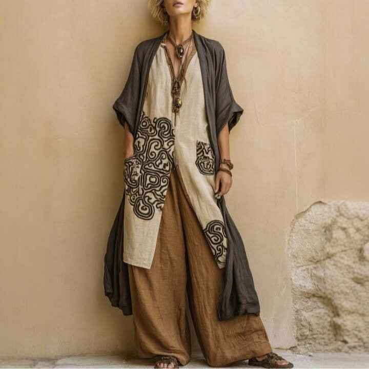 Loose Embroidered Long Robe Two-Piece Set for Women, Casual Wide-Leg Pants Outfit, Fashionable and Trendy