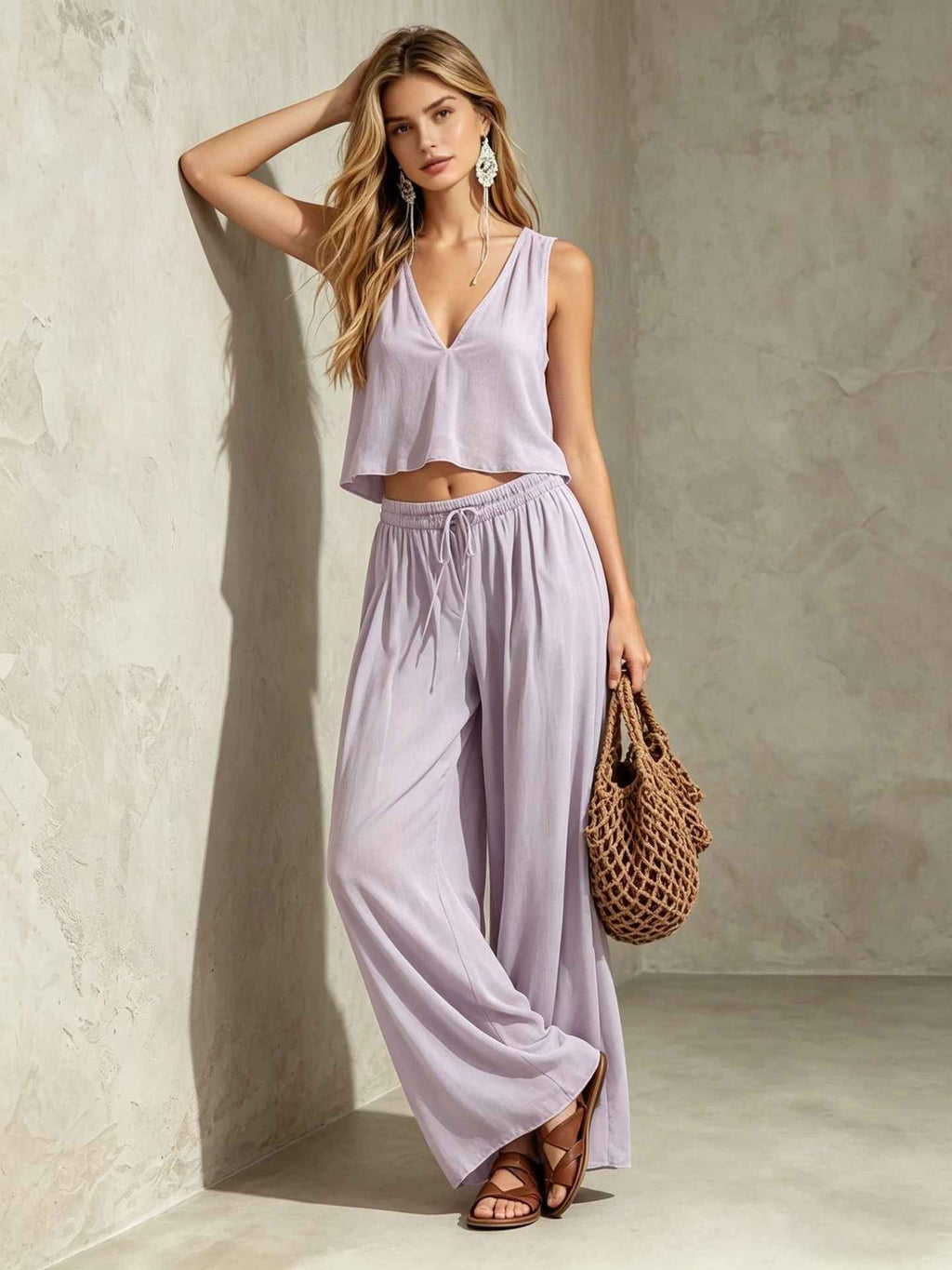 V-neck solid color sleeveless camisole top wide leg pants set - MODALIFE