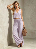 V-neck solid color sleeveless camisole top wide leg pants set - MODALIFE