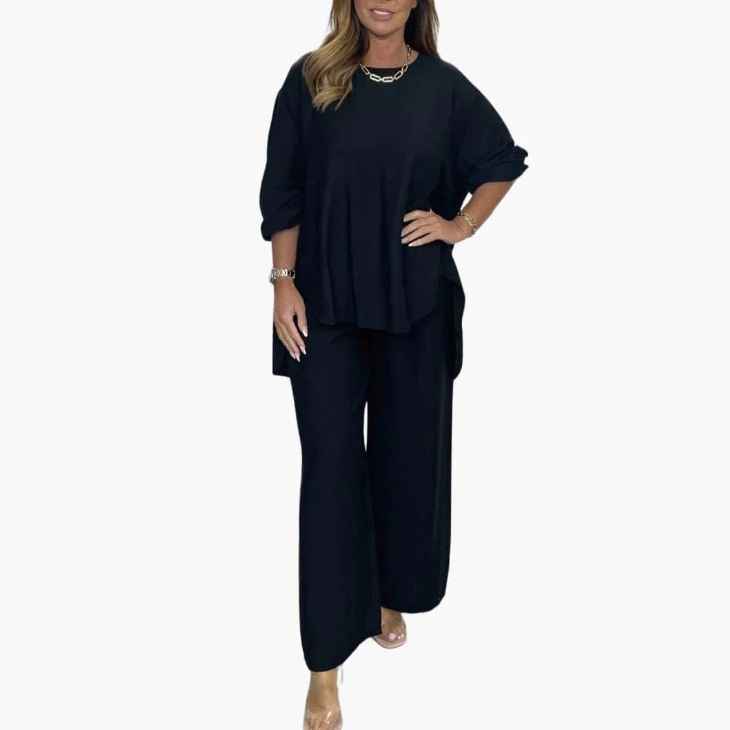 Solid color loose casual suit wide leg pants two-piece set - MODALIFE