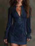 Elegant Long Sleeve Zipper Lace Trim Fitted Midi Dress for Women - MODALIFE