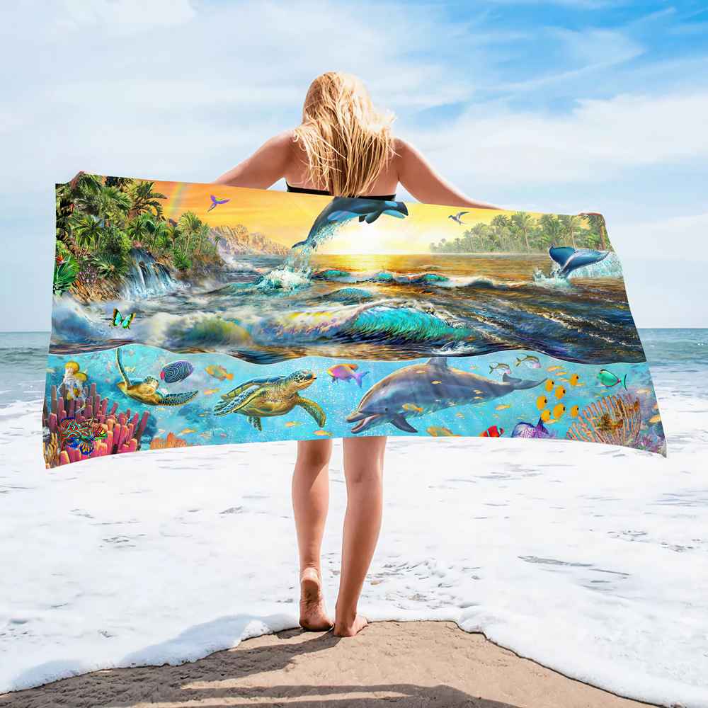 Ocean Turtle Pattern Beach Towel Ultra-Fine Fiber Quick-Dry Double-Sided Fleece Bath Towel Sand Blanket
