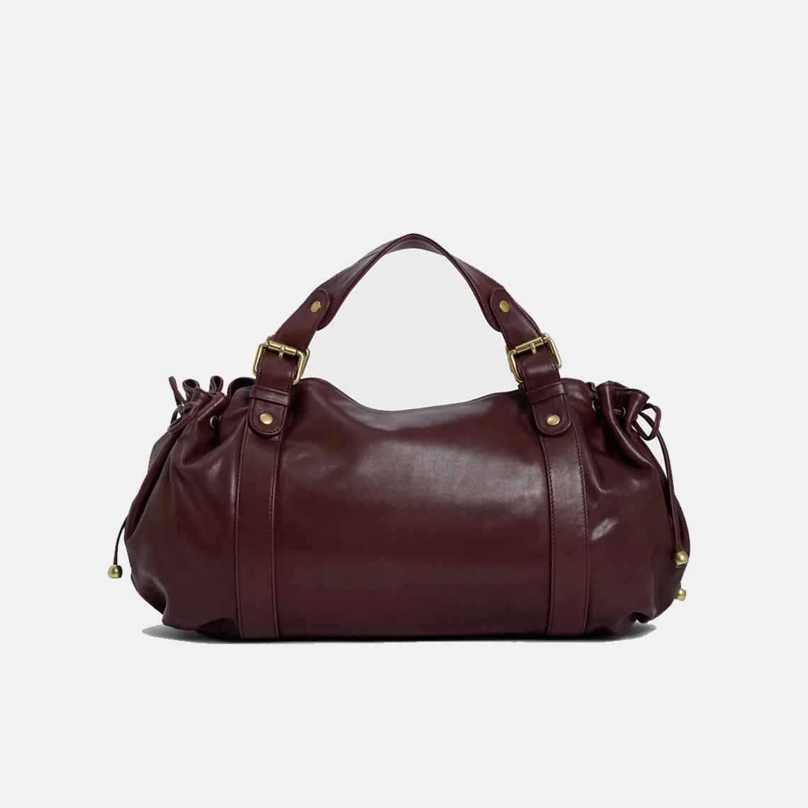 Black large capacity soft leather tote bag with pleated drawstring hand-held shoulder bag - MODALIFE