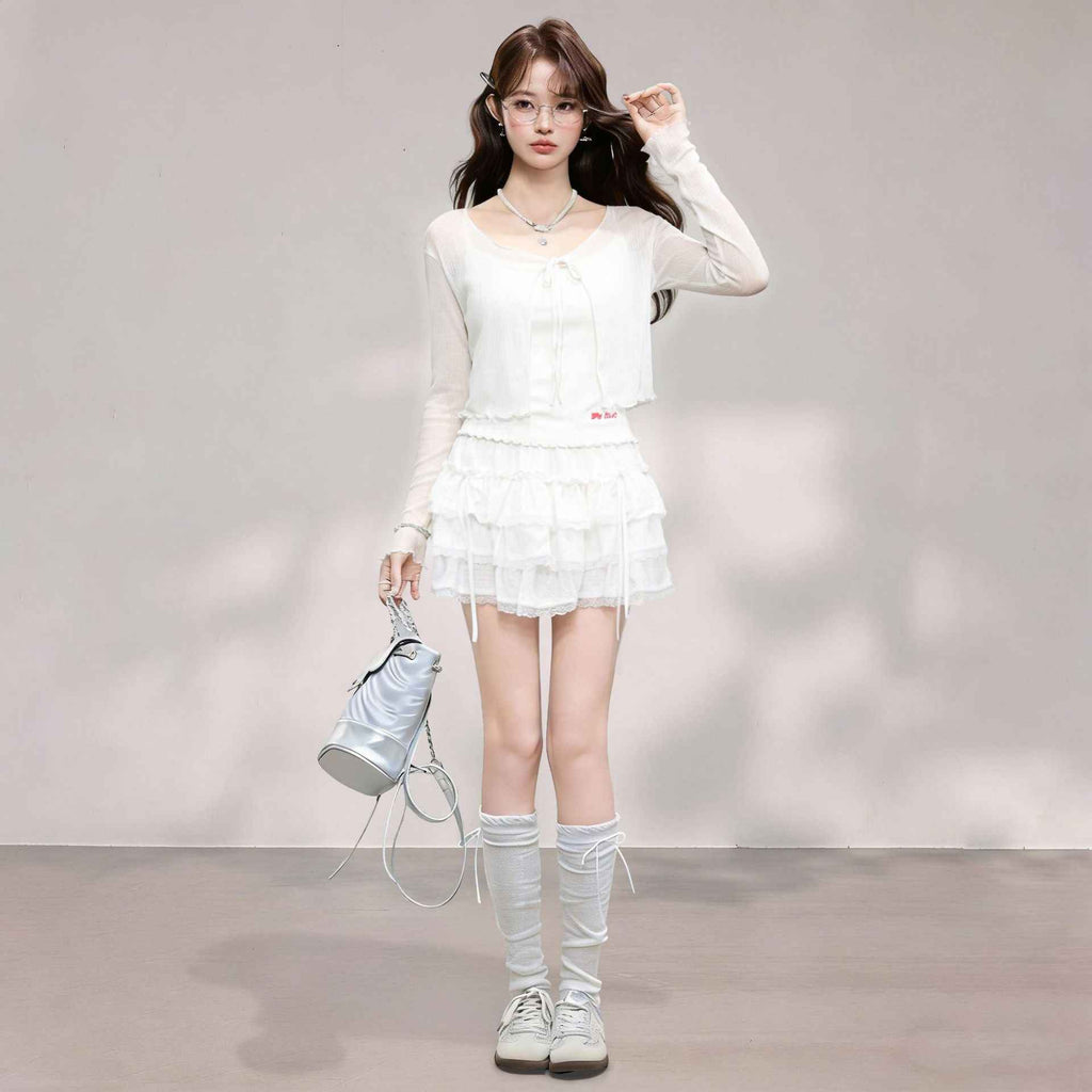 Long Sleeve Cardigan with Strap Dress, Summer Sheer Bolero with Ruffles - MODALIFE