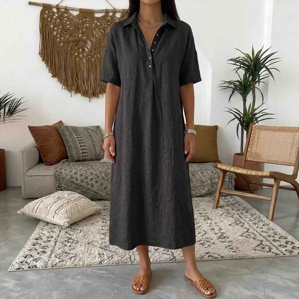 Casual Straight Fit Comfortable Linen Short Sleeve Polo Neck Dress for Women - MODALIFE