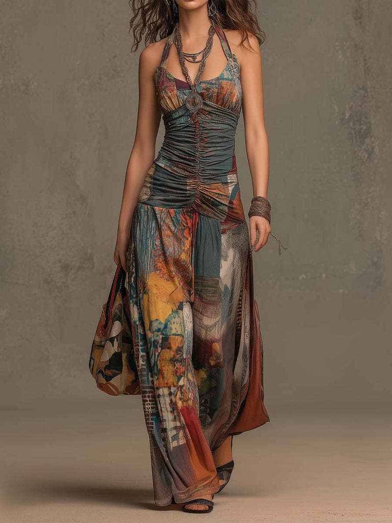 French Oil Painting Print Vintage Off-Shoulder Sexy Jumpsuit for Women Summer - MODALIFE