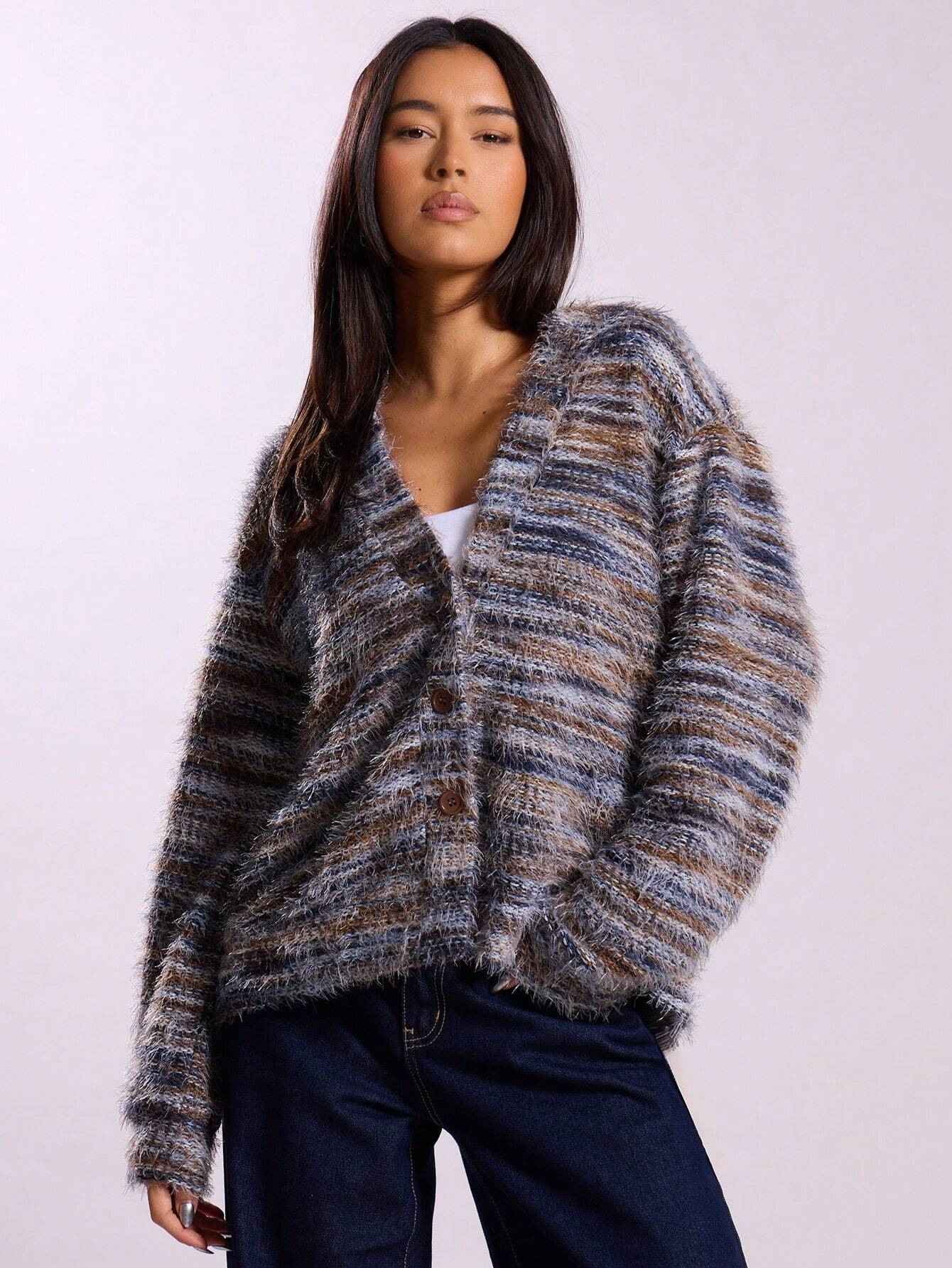 Fashionable Vintage Deep V-Neck Melange Fleece Long Sleeve Cardigan - MODALIFE