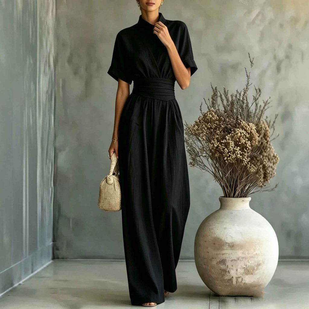 Half high neck short sleeved wide leg jumpsuit - MODALIFE