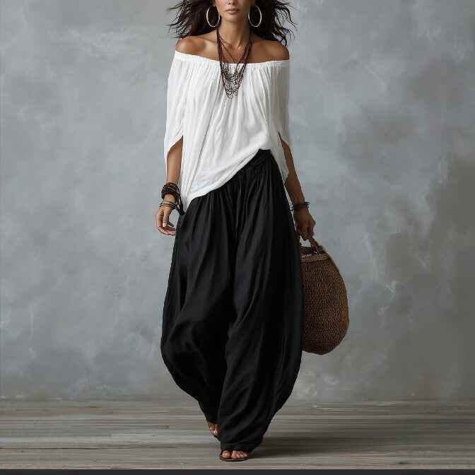 Fashion One-Shoulder T-Shirt with Wide-Leg Pants Set for Women, Elegant Two-Piece Long Sleeve Casual Outfit - MODALIFE