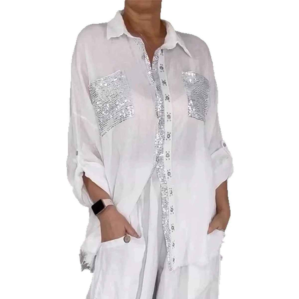 New Fashion Casual Women's Set with Pocket Placket and Gold Embellished Round Neck Design