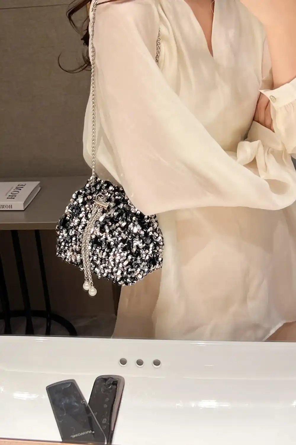 Sequin Chain Drawstring Bucket Bag - MODALIFE