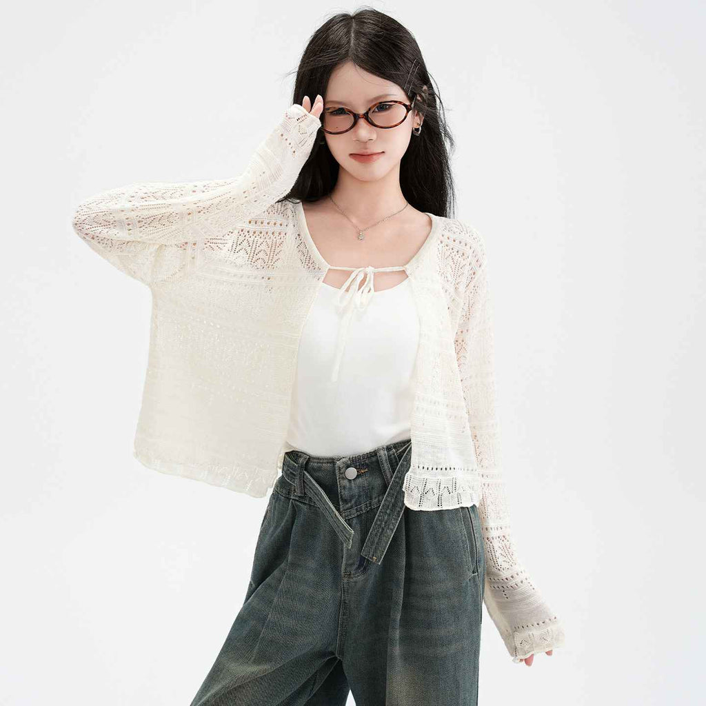 Hollow Linen Knit Cardigan for Women Lightweight Tie-Back Long Sleeve Shawl Cover-Up Top