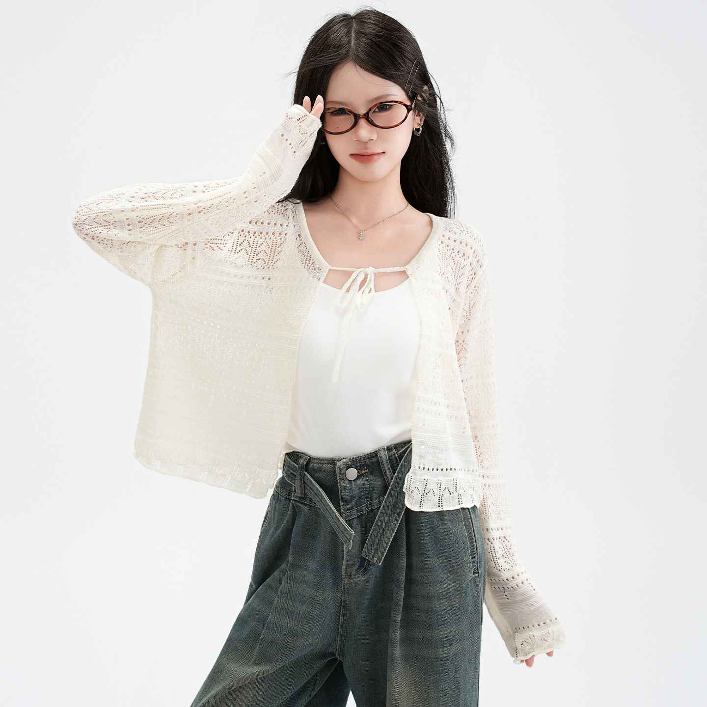 Hollow Linen Knit Cardigan for Women Lightweight Tie-Back Long Sleeve Shawl Cover-Up Top