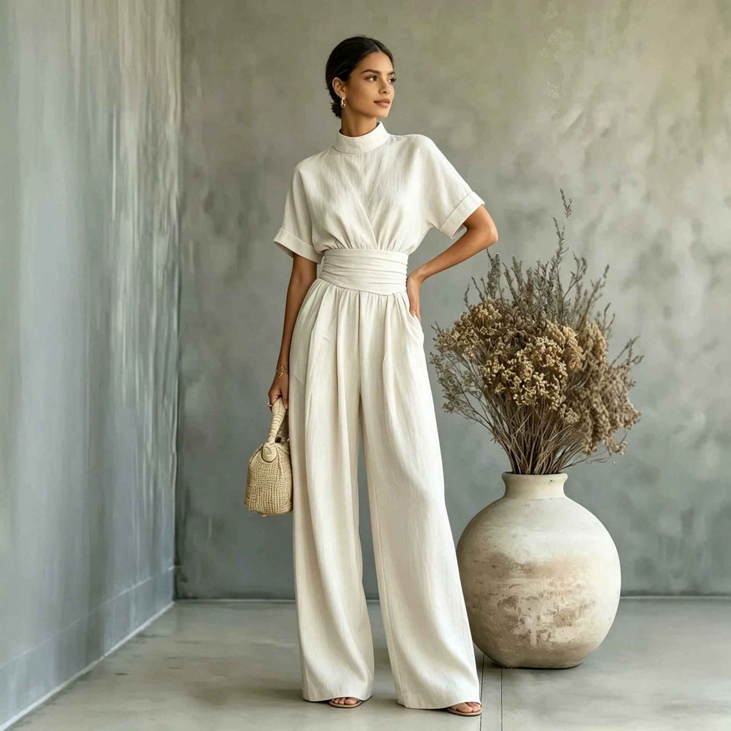 Half high neck short sleeved wide leg jumpsuit - MODALIFE