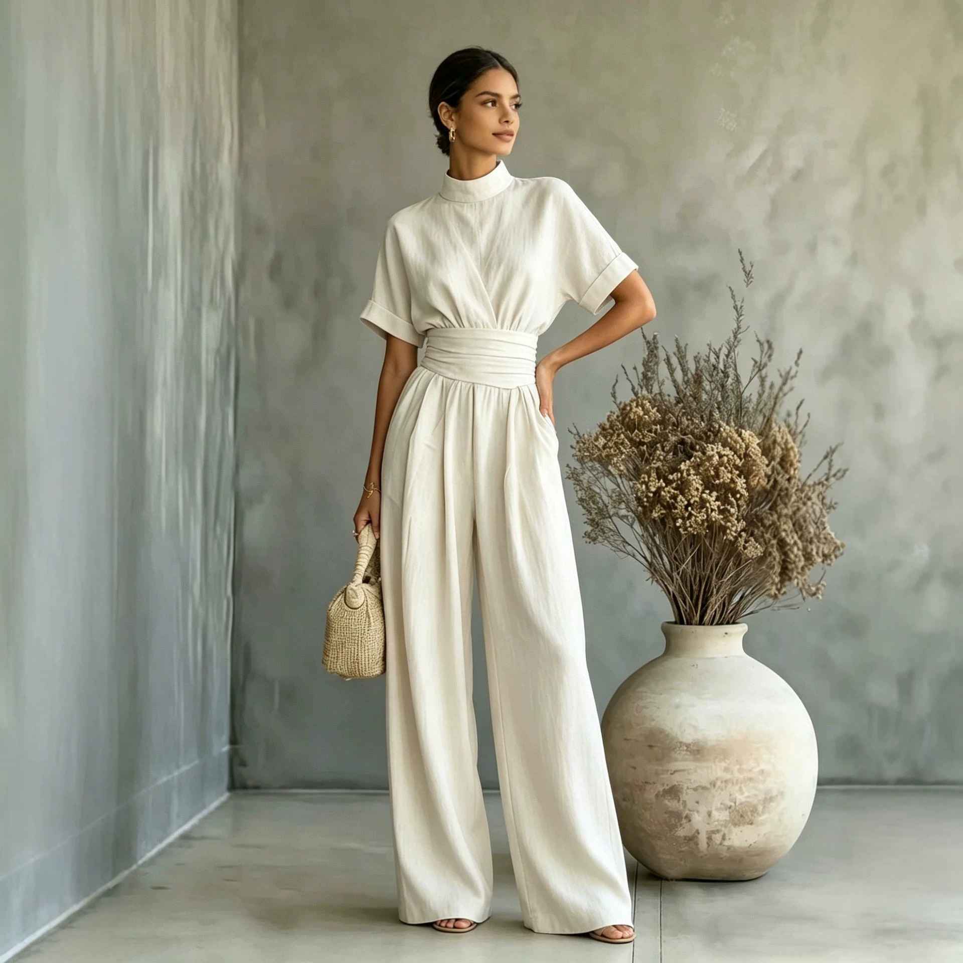 Half high neck short sleeved wide leg jumpsuit - MODALIFE
