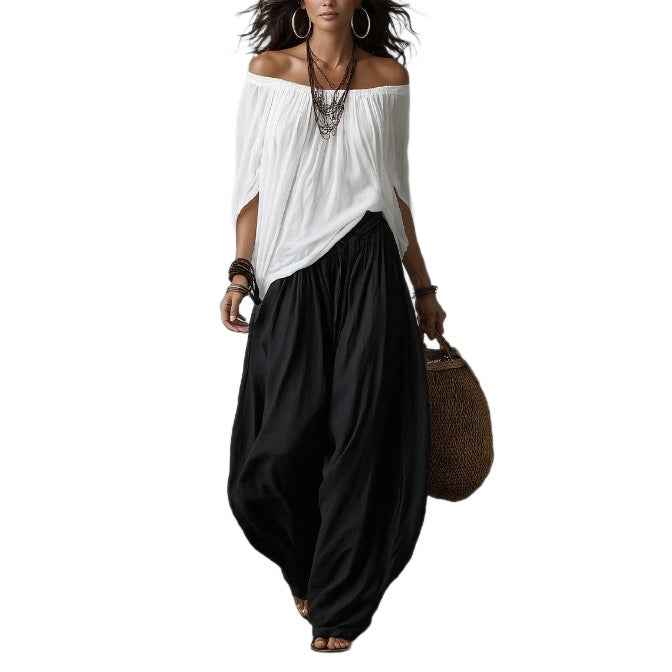 Fashion One-Shoulder T-Shirt with Wide-Leg Pants Set for Women, Elegant Two-Piece Long Sleeve Casual Outfit - MODALIFE