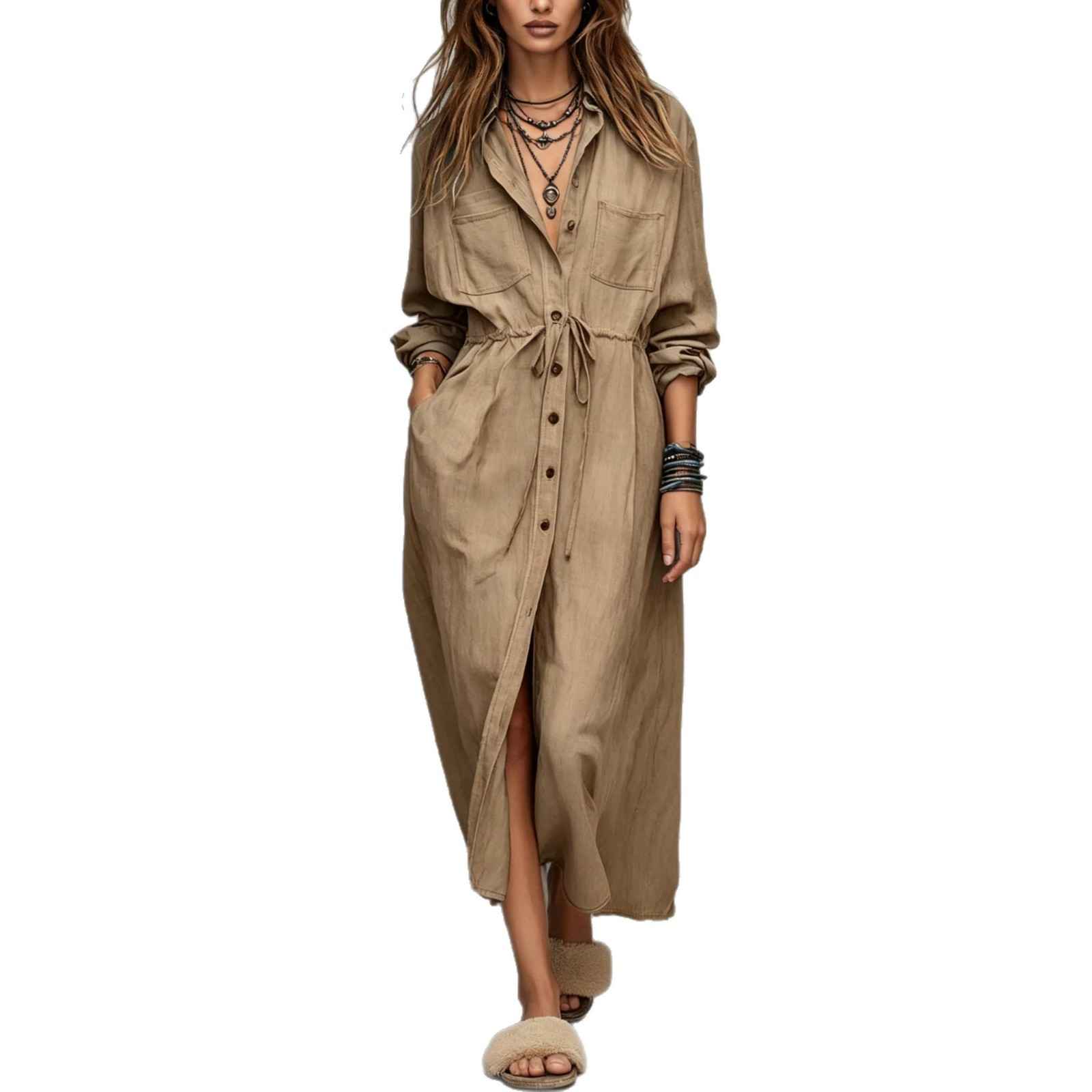 Spring and Autumn Casual Drawstring Waist Shirt Dress Loose Style for Women - MODALIFE