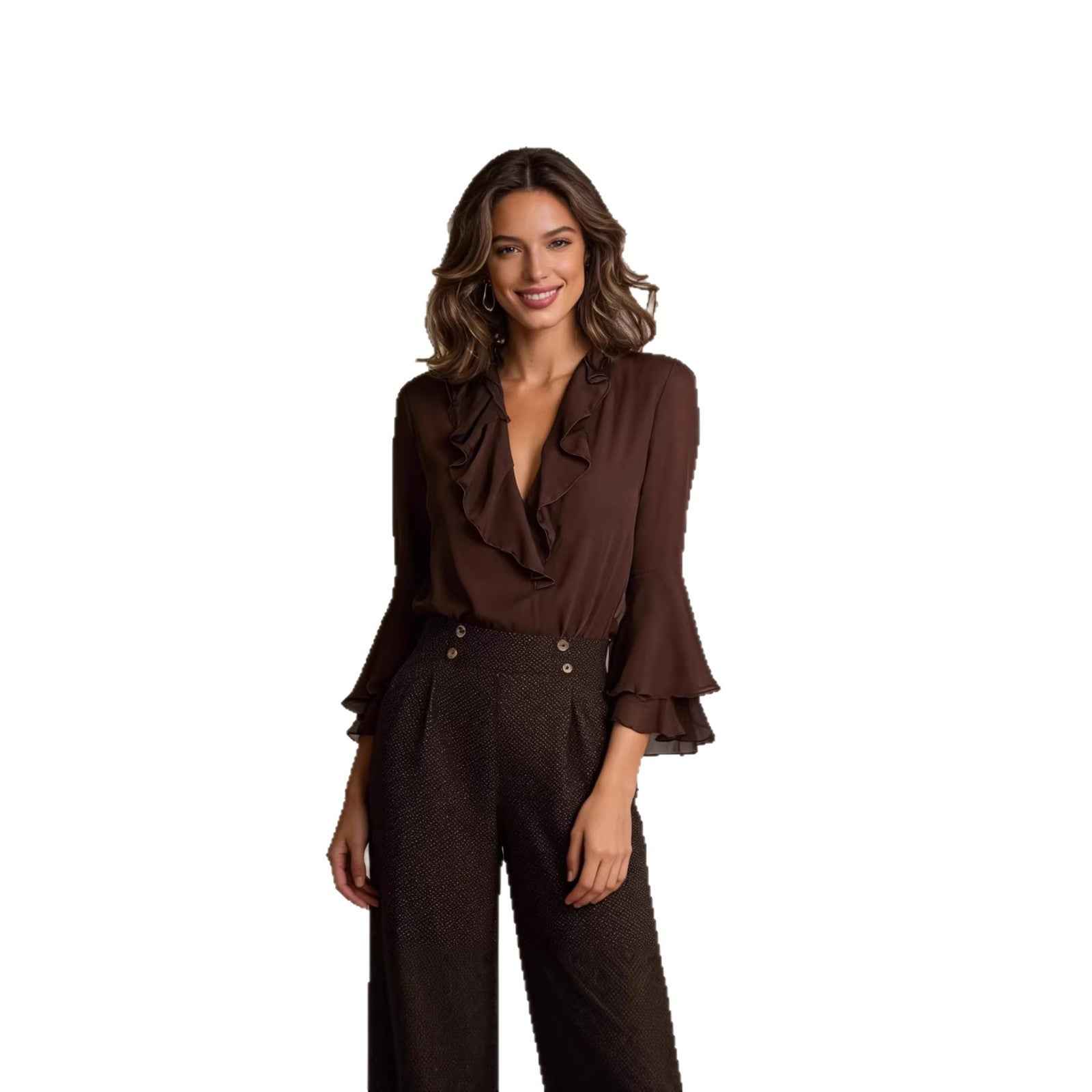 Charming Ruffle Blouse for Women, V-Neck Long Sleeve Shirt Elegant Style Feminine Top - MODALIFE