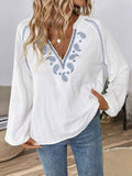 Ethnic Style Fashion Design V-Neck Embroidered Pure Cotton Top for Women - MODALIFE