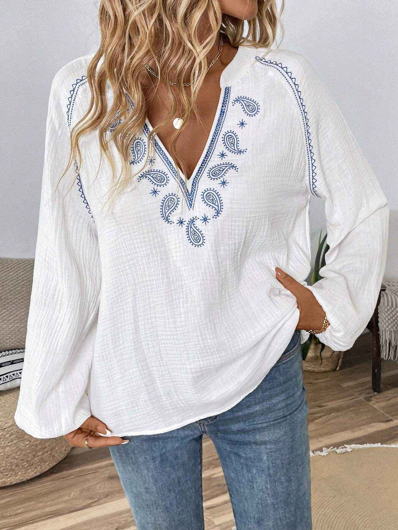 Ethnic Style Fashion Design V-Neck Embroidered Pure Cotton Top for Women - MODALIFE