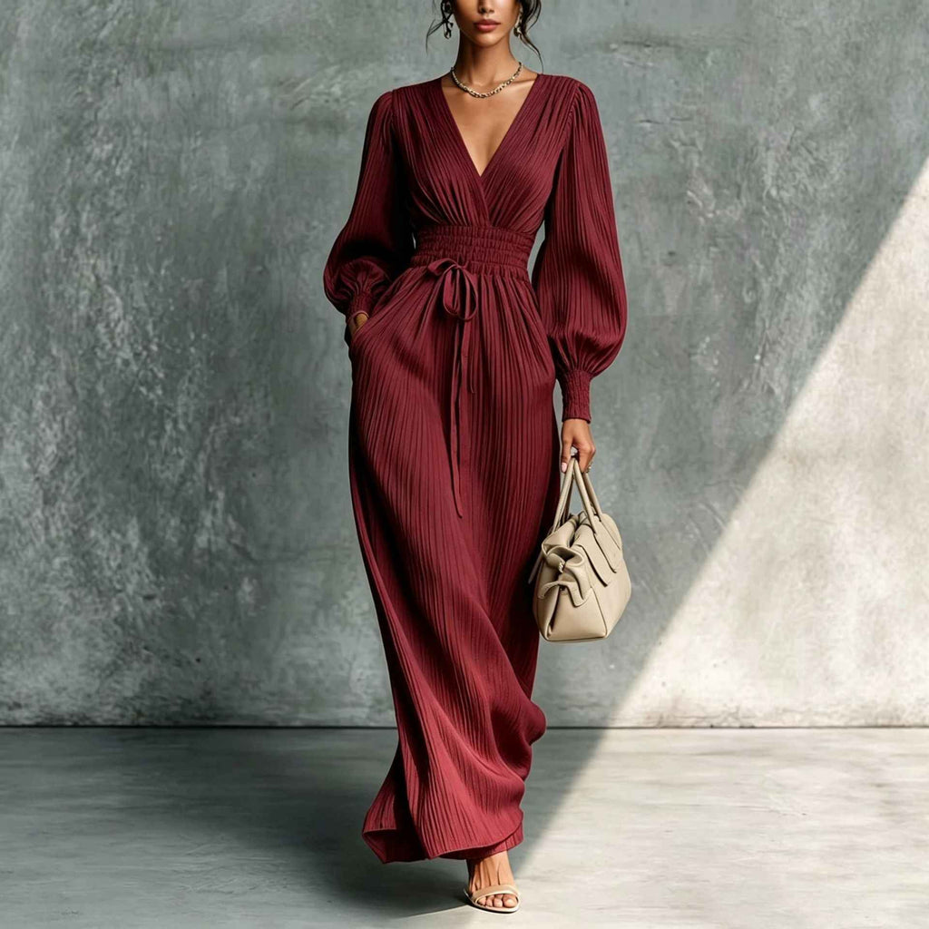 Solid color casual waist cinched long sleeved dress - MODALIFE