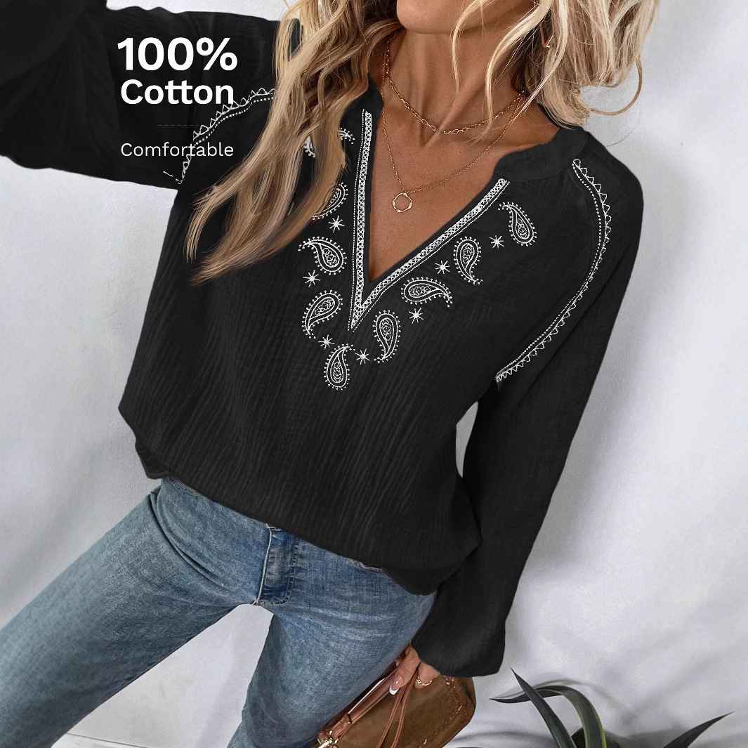 Ethnic Style Fashion Design V-Neck Embroidered Pure Cotton Top for Women - MODALIFE