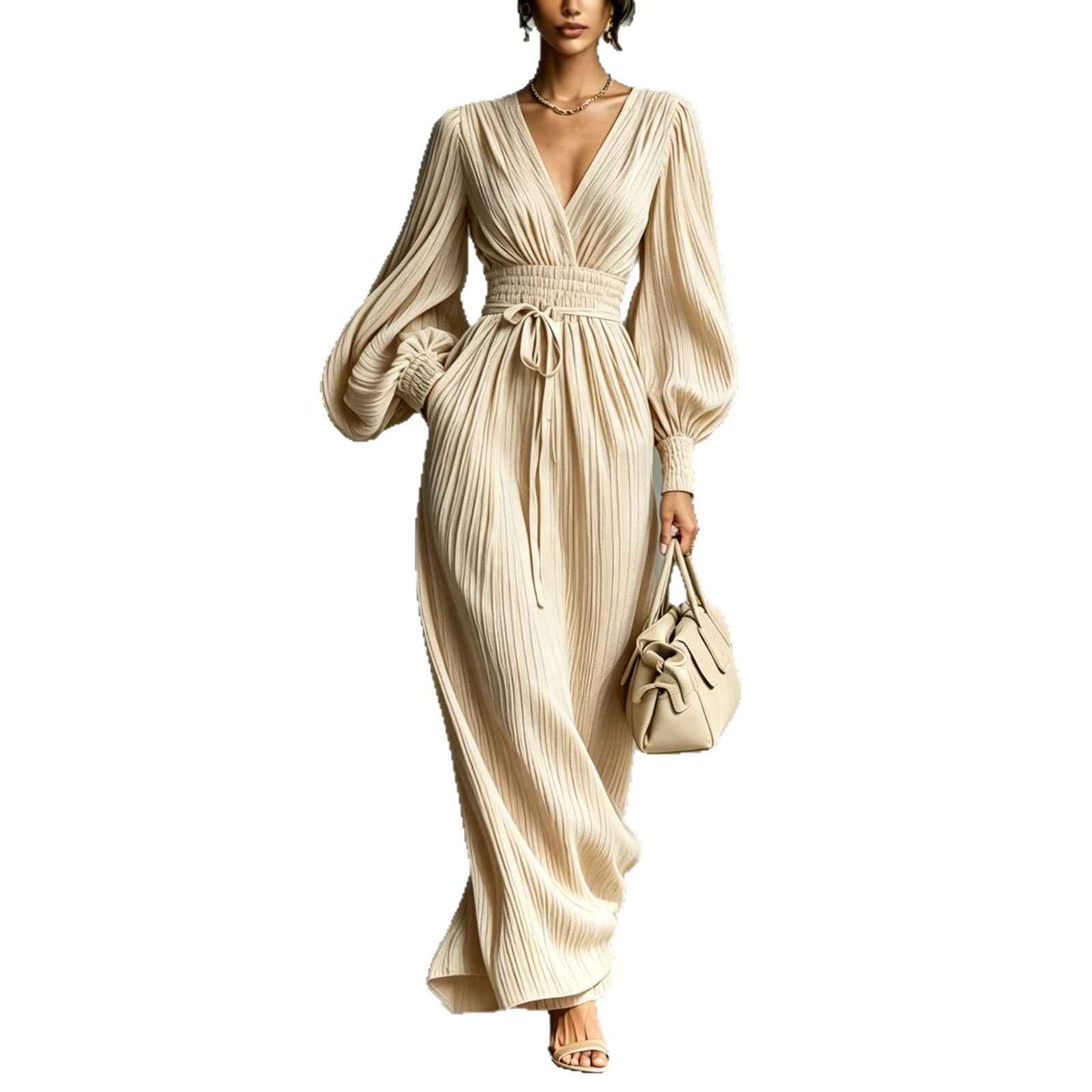 Solid color casual waist cinched long sleeved dress - MODALIFE