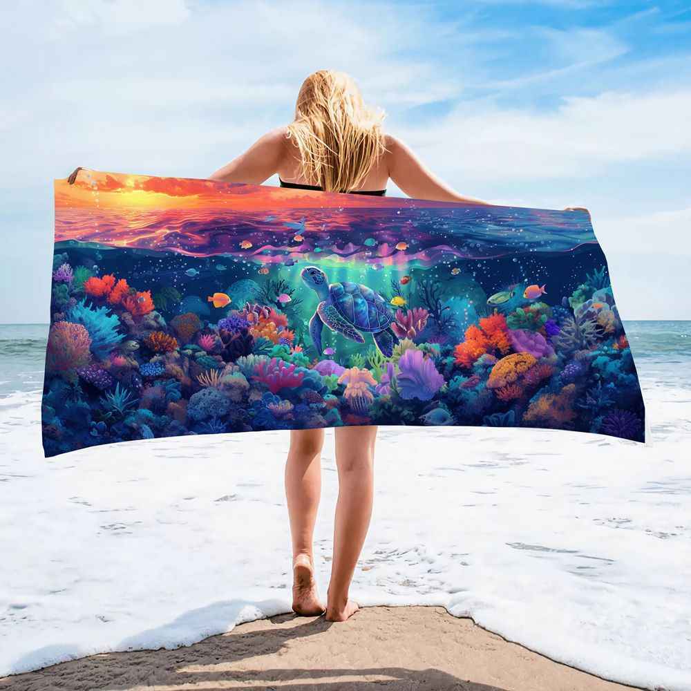Ocean Turtle Pattern Beach Towel Ultra-Fine Fiber Quick-Dry Double-Sided Fleece Bath Towel Sand Blanket