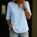 Classic Henley Neck Style Spring Summer New Women's Solid Color Button-Up Top - MODALIFE