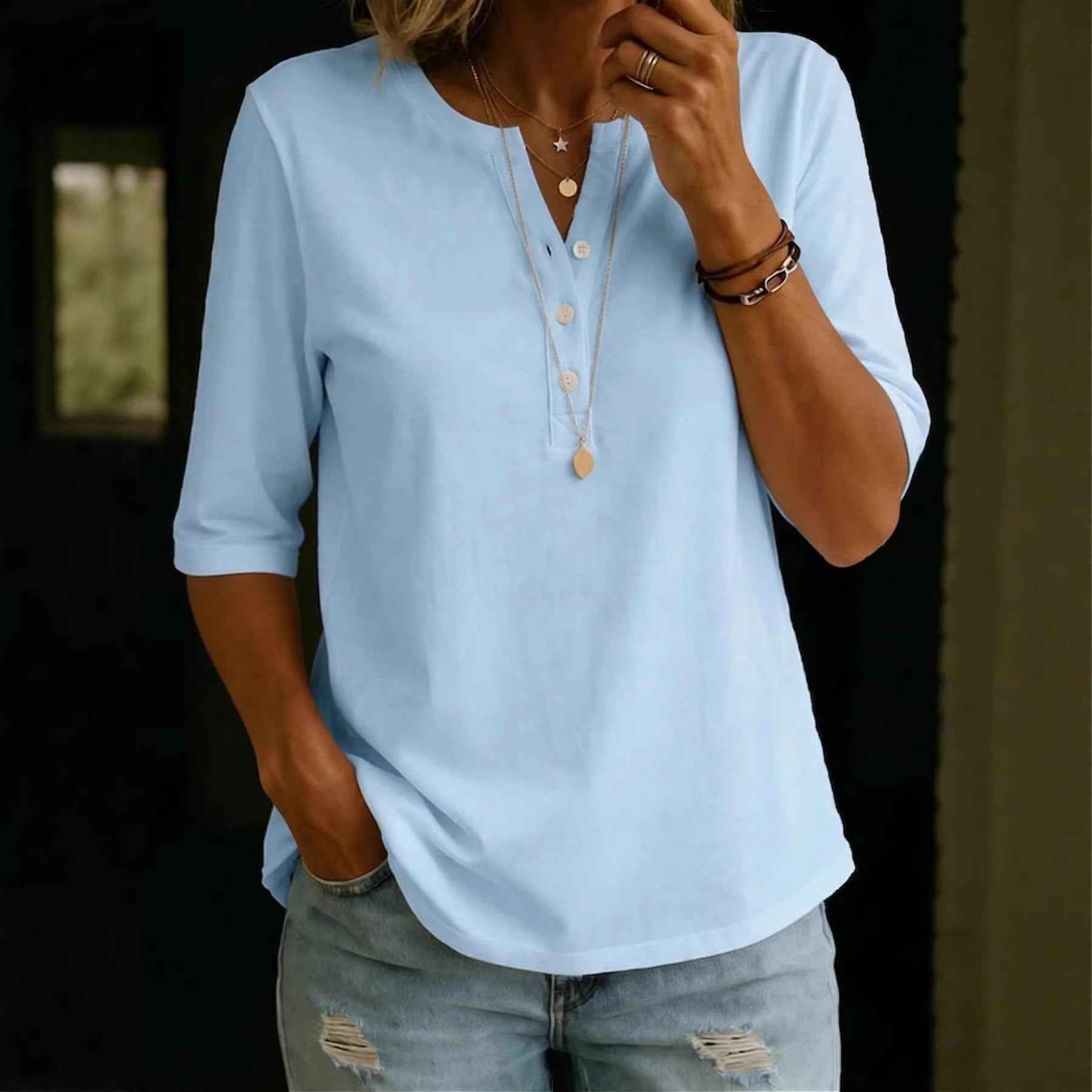 Classic Henley Neck Style Spring Summer New Women's Solid Color Button-Up Top - MODALIFE