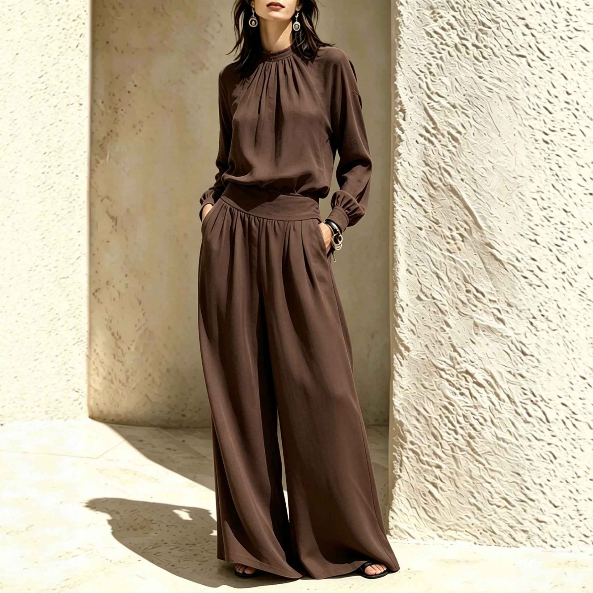 Casual Solid Color Long Sleeve Stand-up Collar Loose Fit Women's Fashion Set BlouseWide-leg Pants - MODALIFE