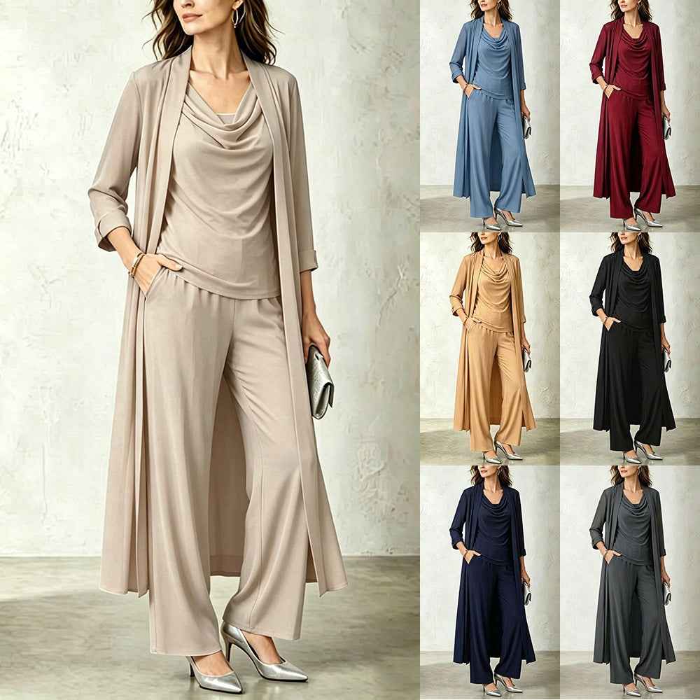 Long sleeved swing collar top long cardigan jacket long pants three piece set - MODALIFE