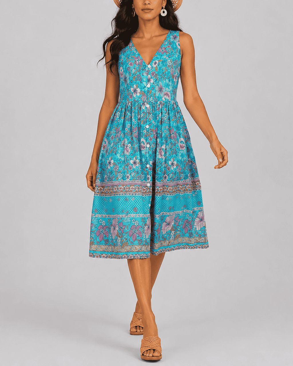 Women's Fashion Ethnic Style Blue Printed V-Neck Open Front Sleeveless Dress - MODALIFE