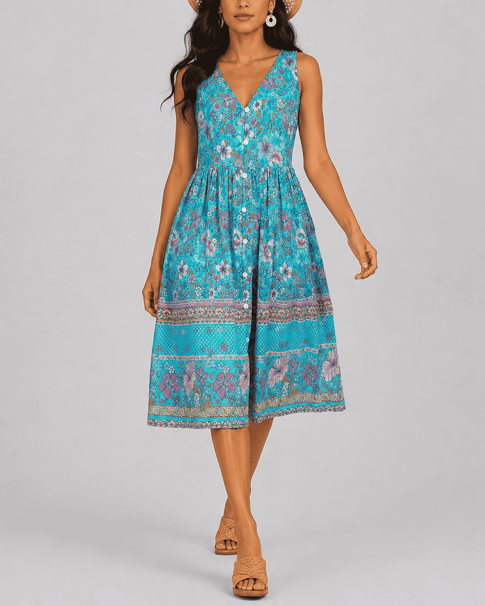 Women's Fashion Ethnic Style Blue Printed V-Neck Open Front Sleeveless Dress - MODALIFE
