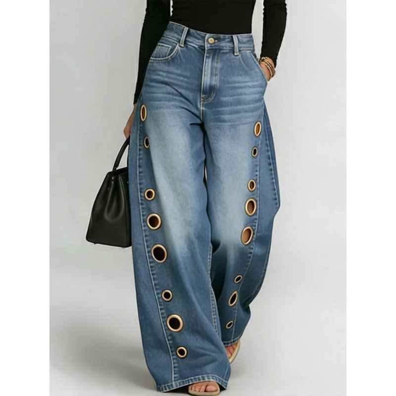 New jeans for women, metal eyelet design, casual loose high-waisted wide-leg jeans - MODALIFE