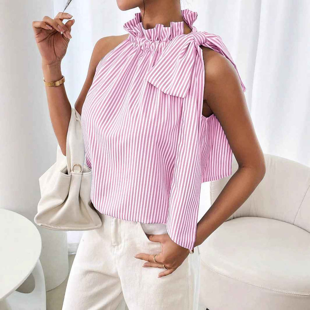 Fashionable Casual Sleeveless Striped Lace Trim High Neck Tie Knot T-Shirt Top - MODALIFE