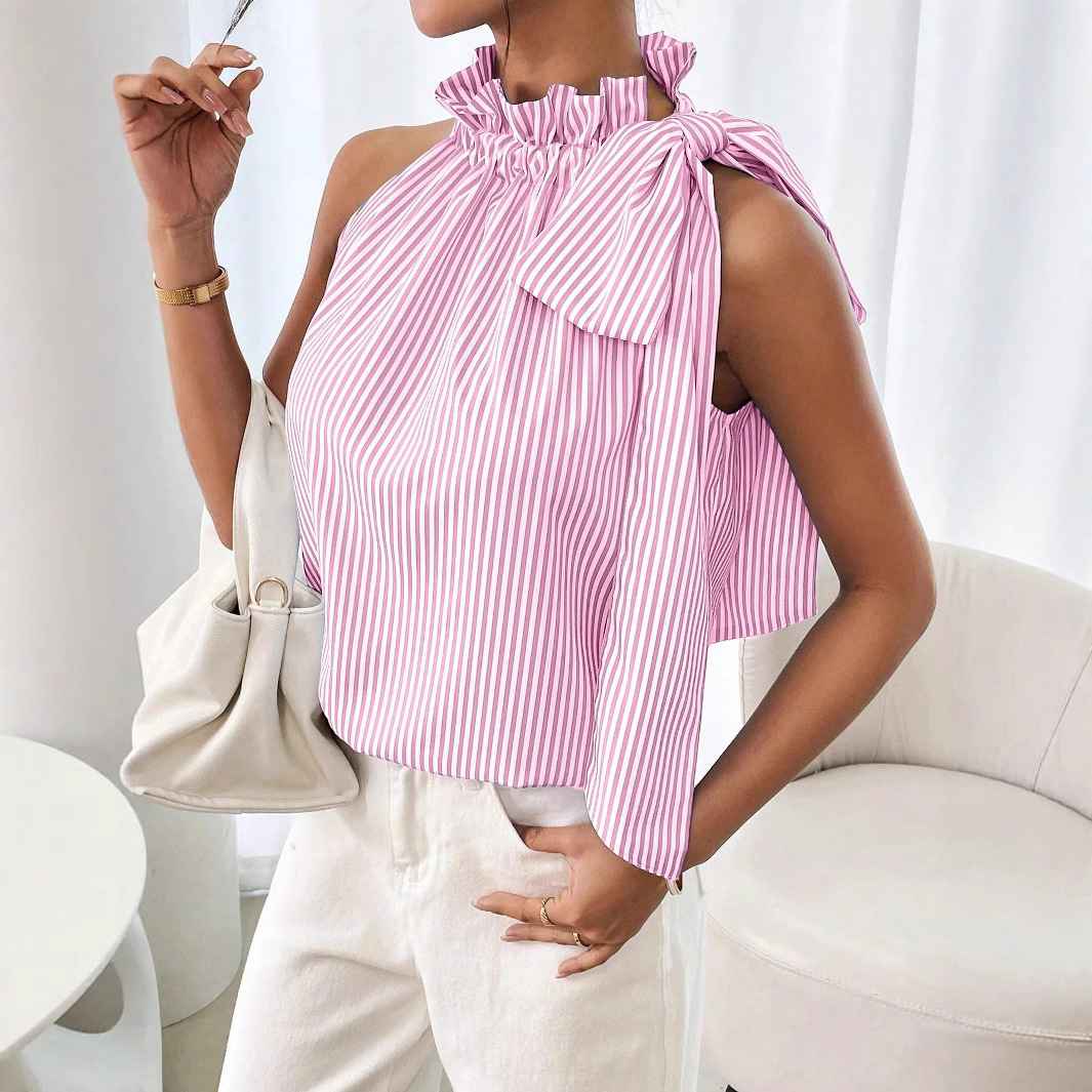 Fashionable Casual Sleeveless Striped Lace Trim High Neck Tie Knot T-Shirt Top - MODALIFE