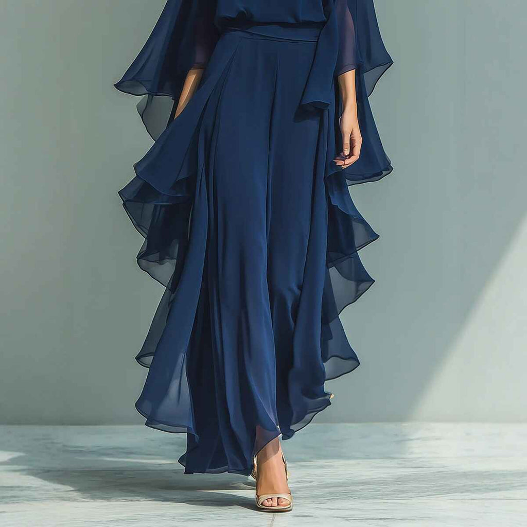Deep Blue Ruffle Wide-Leg Pants Set for Women, Fashion Elegant Two-Piece Long Sleeve Casual Pants - MODALIFE